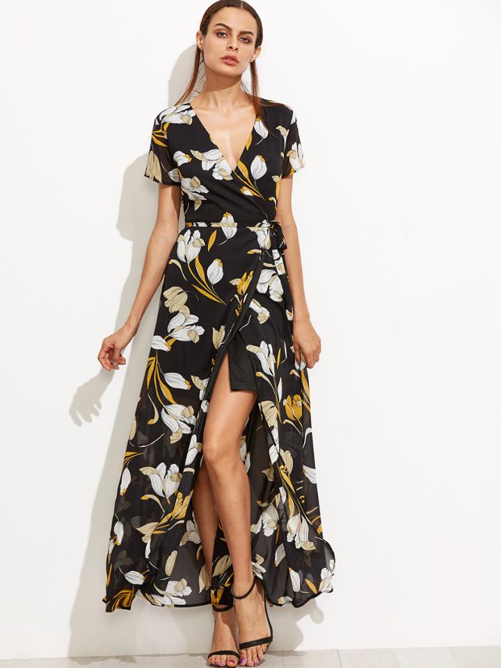 Romwe Black Floral Deep V Neck Self Tie Warp Dress