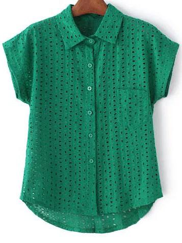 Romwe Green Short Sleeve Pocket Hollow Embroidery Blouse