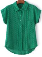 Romwe Green Short Sleeve Pocket Hollow Embroidery Blouse