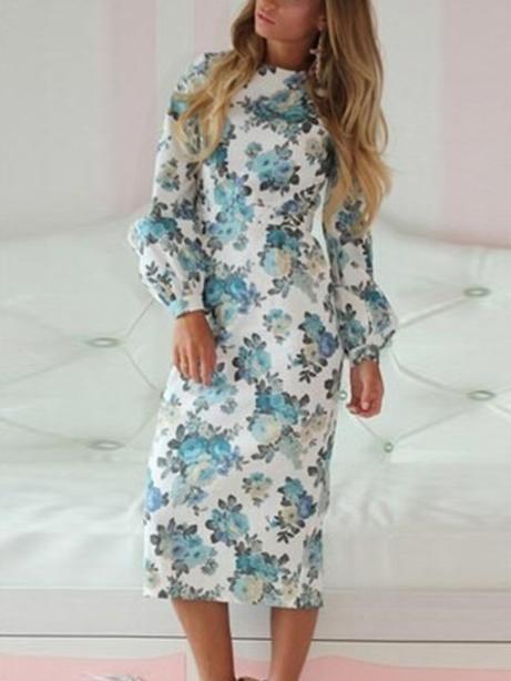 Romwe Lantern Sleeve Florals Split Back Dress