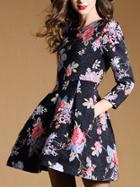 Romwe Black Round Neck Long Sleeve Print Pockets Dress