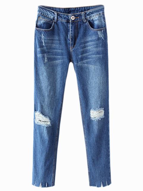 Romwe Blue Pockets Ripped Hole Denim Pants