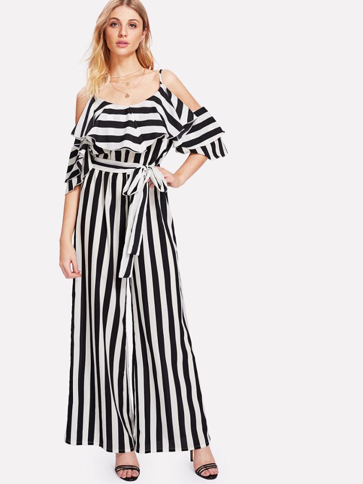 Romwe Frill Trim Cold Shoulder Self Belt Striped Jumpsuit