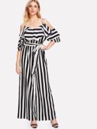 Romwe Frill Trim Cold Shoulder Self Belt Striped Jumpsuit