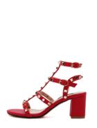 Romwe Red Peep Toe Studded T-strap Chunky Sandals
