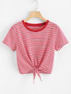 Romwe Contrast Trim Striped Knot Tee