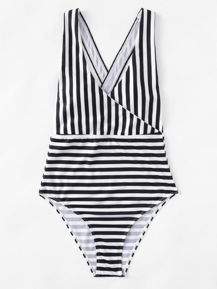 Romwe Cross Back Striped Swimsuit