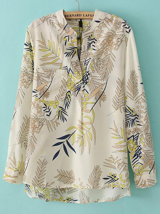 Romwe Dip Hem Bamboo Leaves Print Blouse