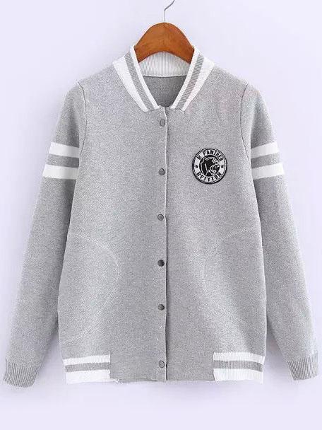 Romwe Contrast Collar Striped Trim Grey Coat