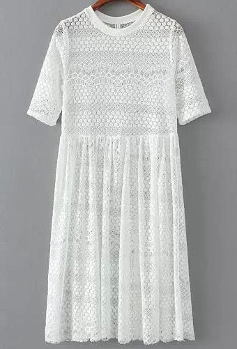 Romwe White Short Sleeve Lace Pleated Dress