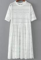 Romwe White Short Sleeve Lace Pleated Dress