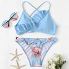 Romwe Ruffle Top With Floral Bikini Set