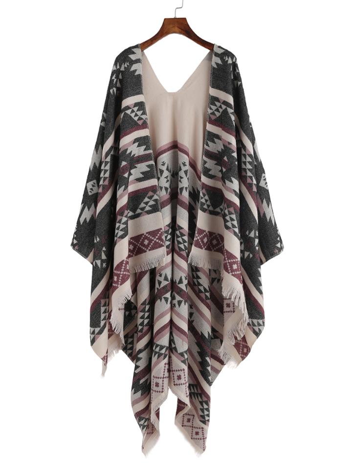 Romwe Beige And Black Tribal Print Fringe Shawl Scarf