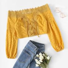 Romwe Lace-up Off The Shoulder Blouse