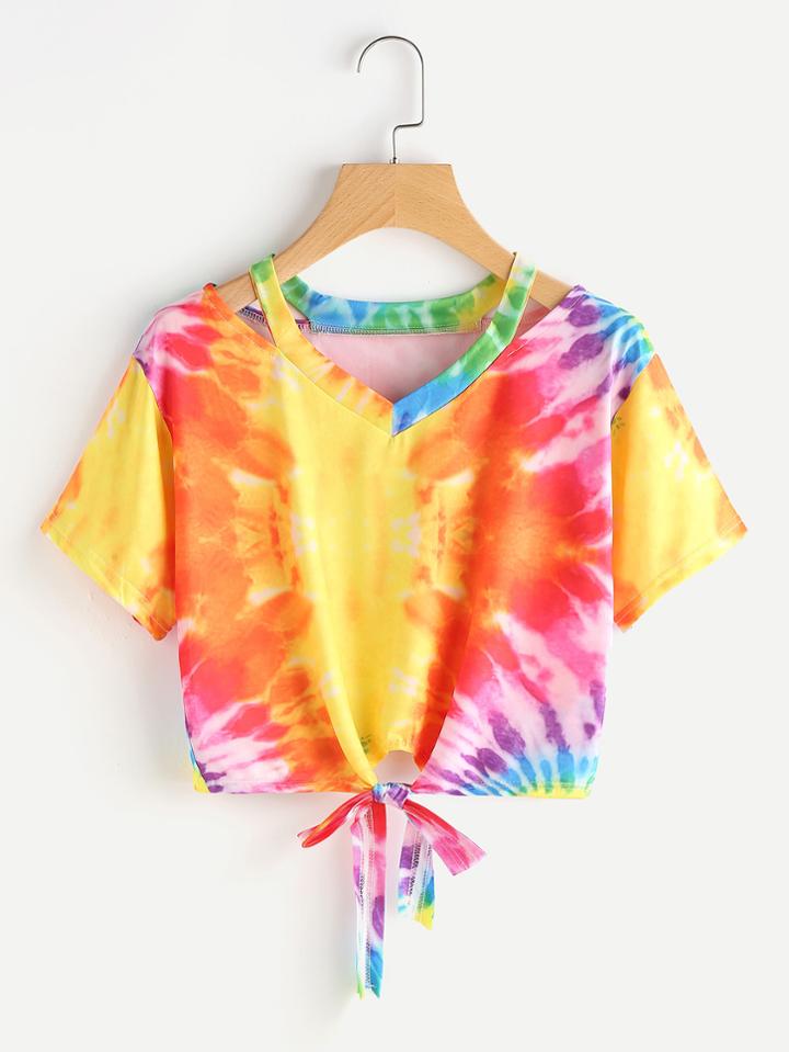 Romwe Cut Out Neck Water Color Knot Front Tee