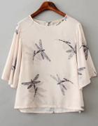 Romwe White Short Sleeve Dragonfly Print Crop Blouse