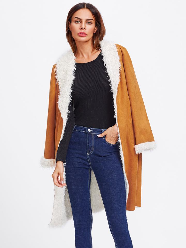Romwe Shawl Collar Faux Shearling Coat
