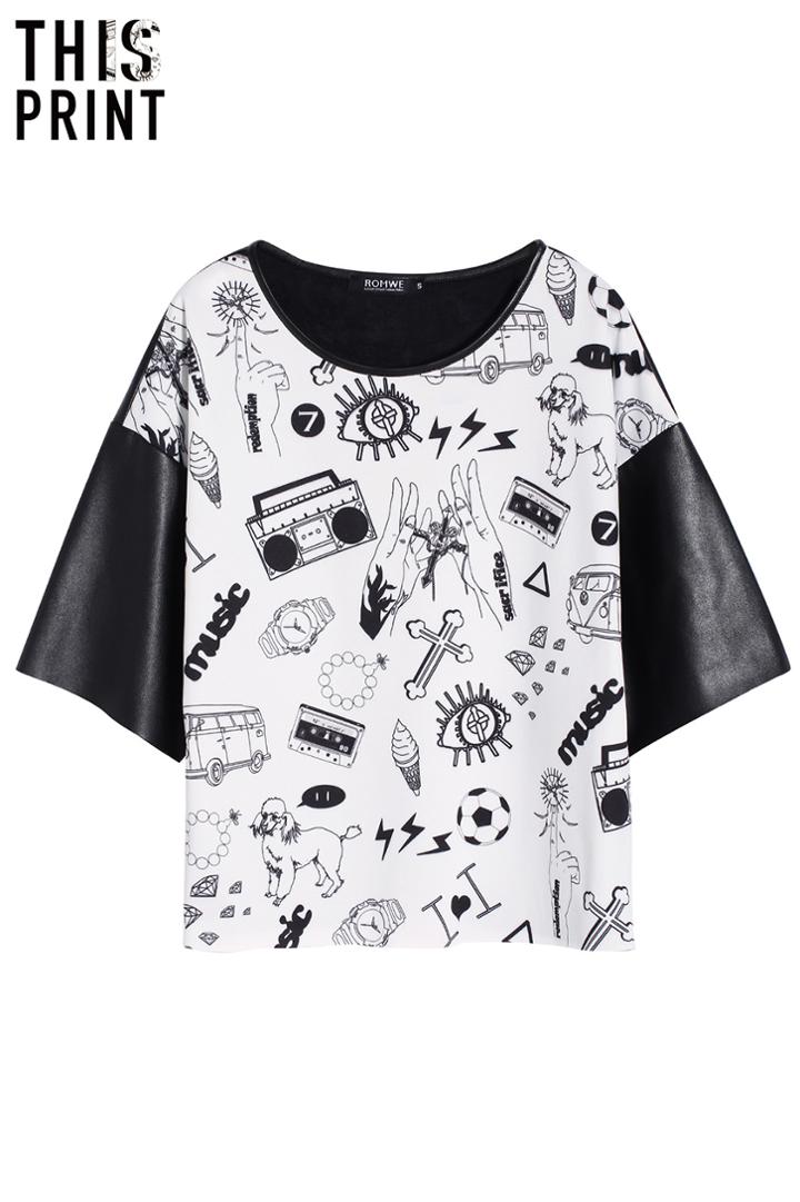 Romwe Romwe Cartoon Scrawl Dual-tone T-shirt