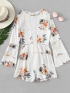 Romwe Layered Fluted Sleeve Floral Print Lace Panel Romper