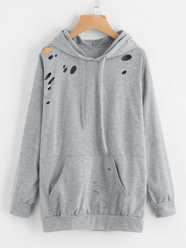 Romwe Cut Out Detail Marled Hoodie