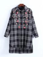 Romwe Embroidered Flower Plaid Shirt Dress
