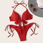 Romwe Knot Front Halter Top With Tie Side Bikini Set