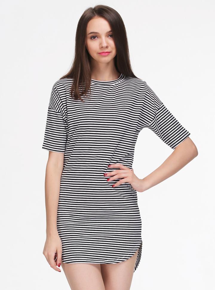 Romwe Black White Striped Short Sleeve Loose Dress