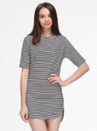 Romwe Black White Striped Short Sleeve Loose Dress