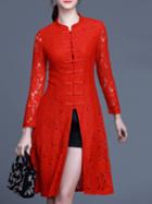 Romwe Red Collar Knee Length Split Lace Dress