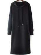 Romwe Hooded Drawstring Black Sweatshirt Dress With Pocket