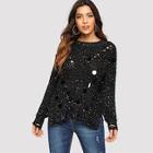 Romwe Sequin Patched Eyelet Sweater