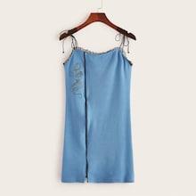 Romwe Mesh Panel Snake And Floral Embroidered Cami Dress