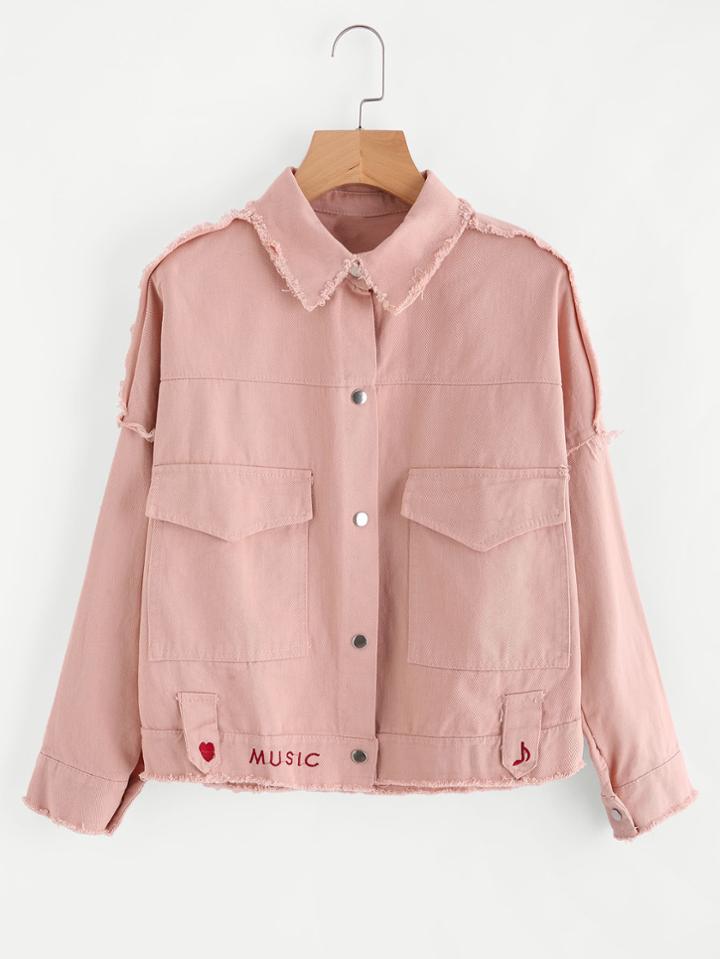 Romwe Fray Trim Embroidered Jacket