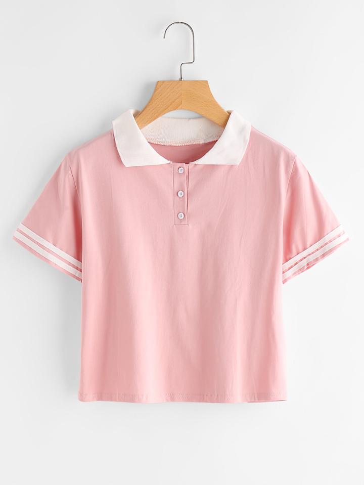 Romwe Contrast Lapel Stripe Sleeve Tee