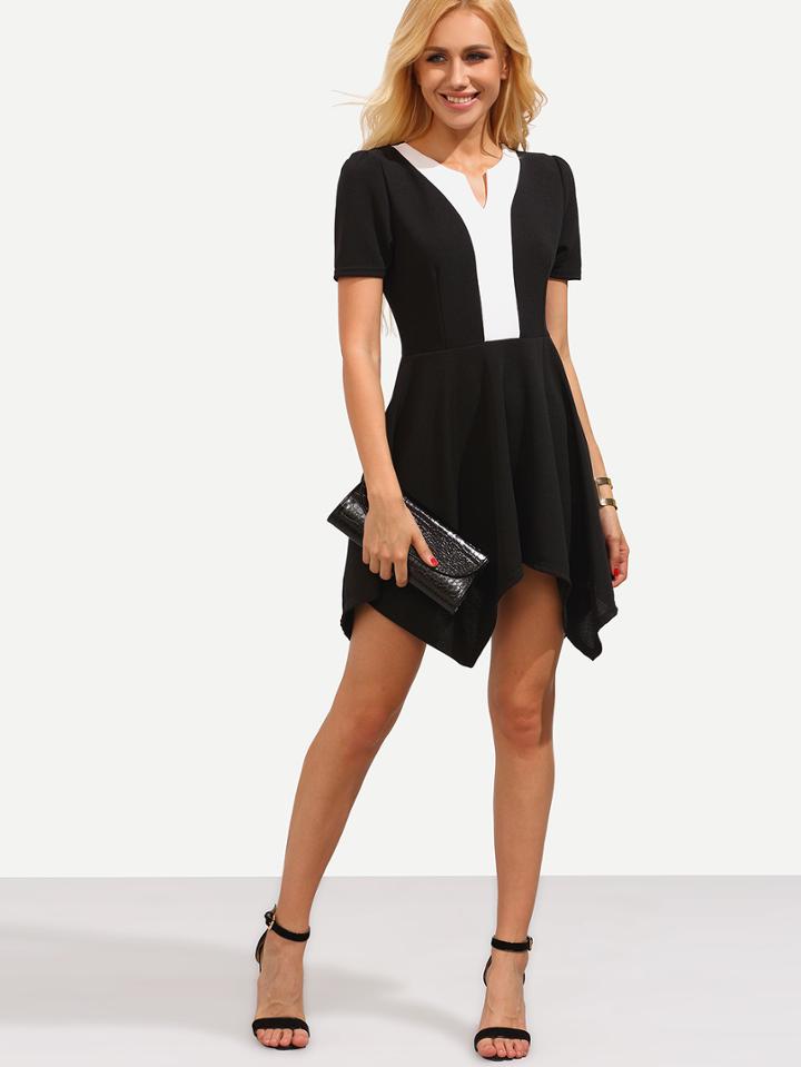 Romwe Black Contrast Panel Asymmetric Dress