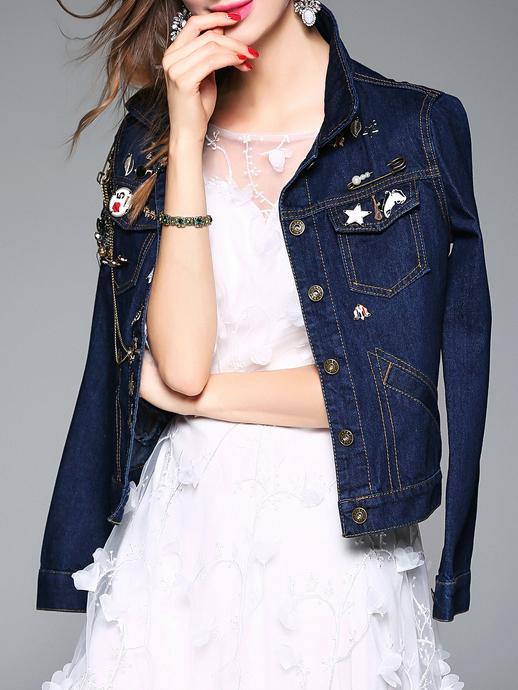 Romwe Blue Lapel Beading Denim Short Coat