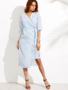Romwe Blue V Neck Vertical Striped Knotted Wrap Dress