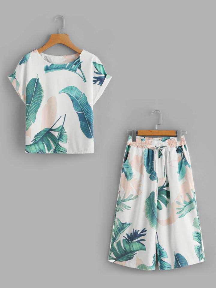 Romwe Leaf Print Cuffed Tee And Knee Length Shorts Set