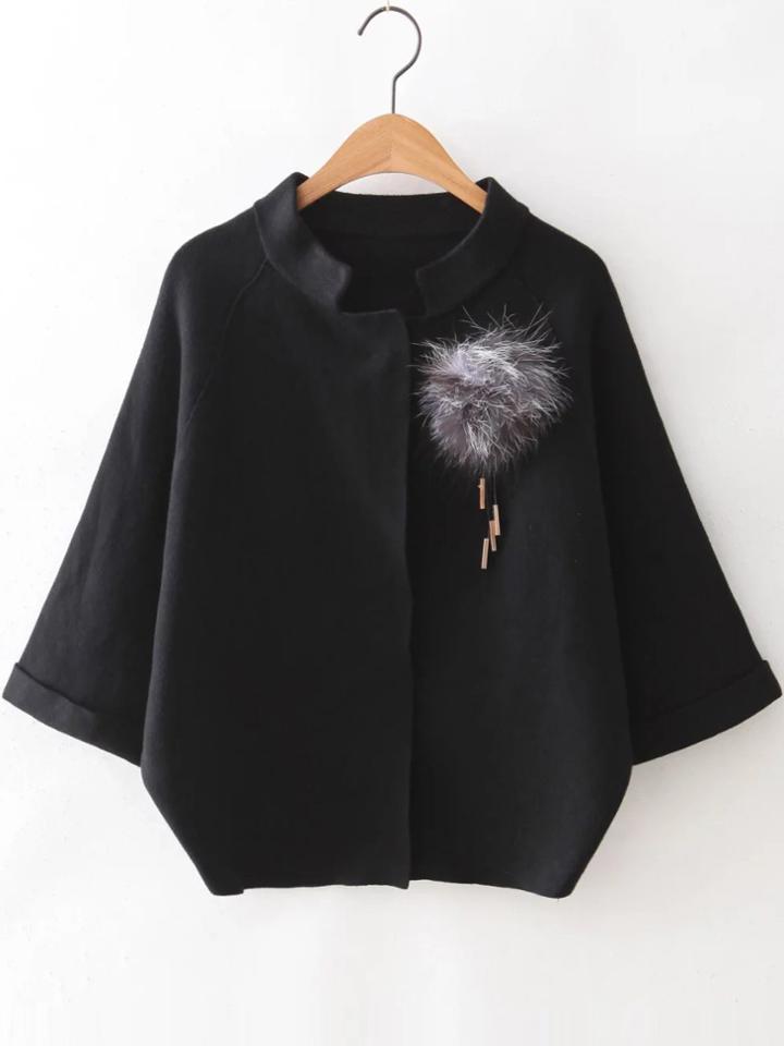 Romwe Black Raglan Sleeve Sweater Coat With Brooch
