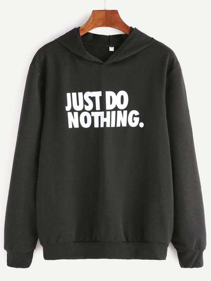 Romwe Black Slogan Print Hooded Sweatshirt