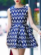Romwe Blue Round Neck Sleeveless Print Flare Dress