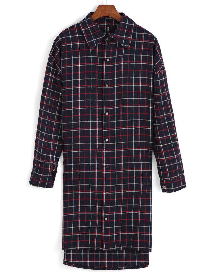Romwe Lapel Dip Hem Plaid Red Shirt Dress