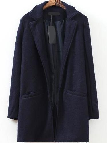Romwe Lapel Pockets Long Navy Coat