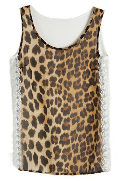 Romwe Romwe Dual-tone Lace Panel Leopard Print Vest