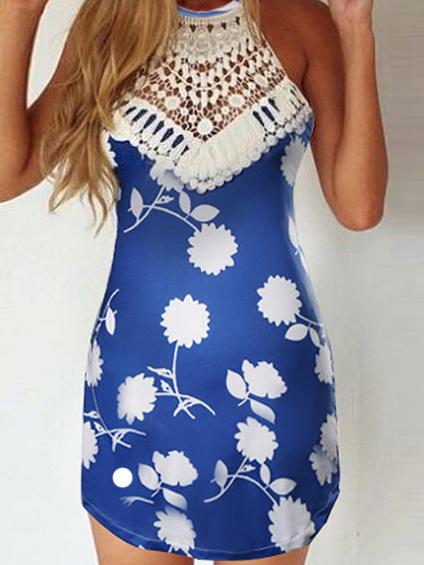 Romwe Blue Criss Cross Back Flower Print Crochet Insert Dress