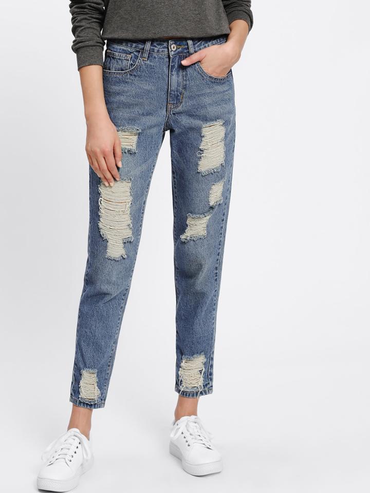 Romwe Shredded Mid Wash Jeans