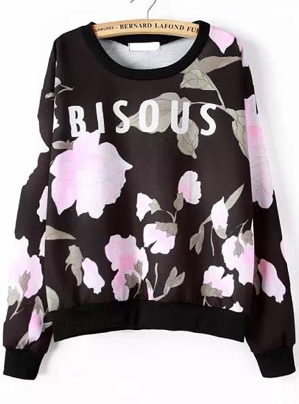 Romwe Floral Blsous Print Black Sweatshirt