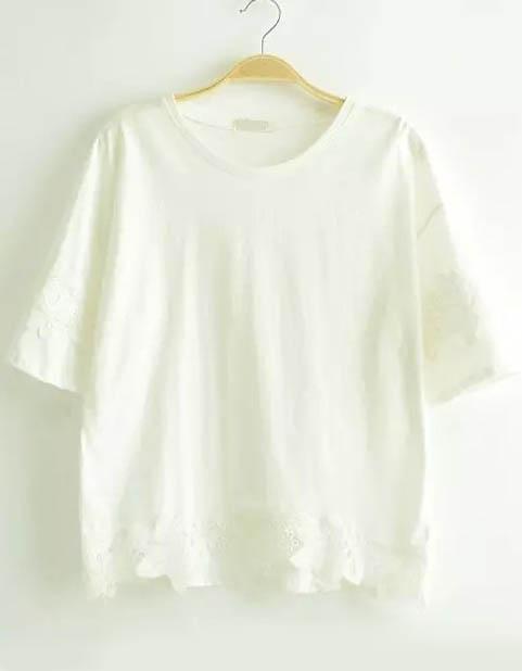 Romwe White Short Sleeve Lace Loose T-shirt