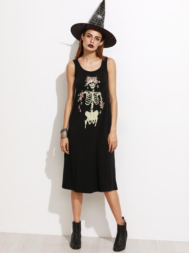 Romwe Black Skull Print Sleeveless Dress