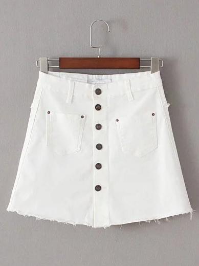 Romwe White Single Breasted Pocket Skirt